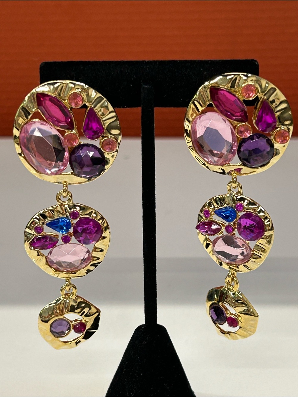 NWT Fabulous! Vintage Park Lane Gold-Tone Pink & Purple Crystal Drop Earrings